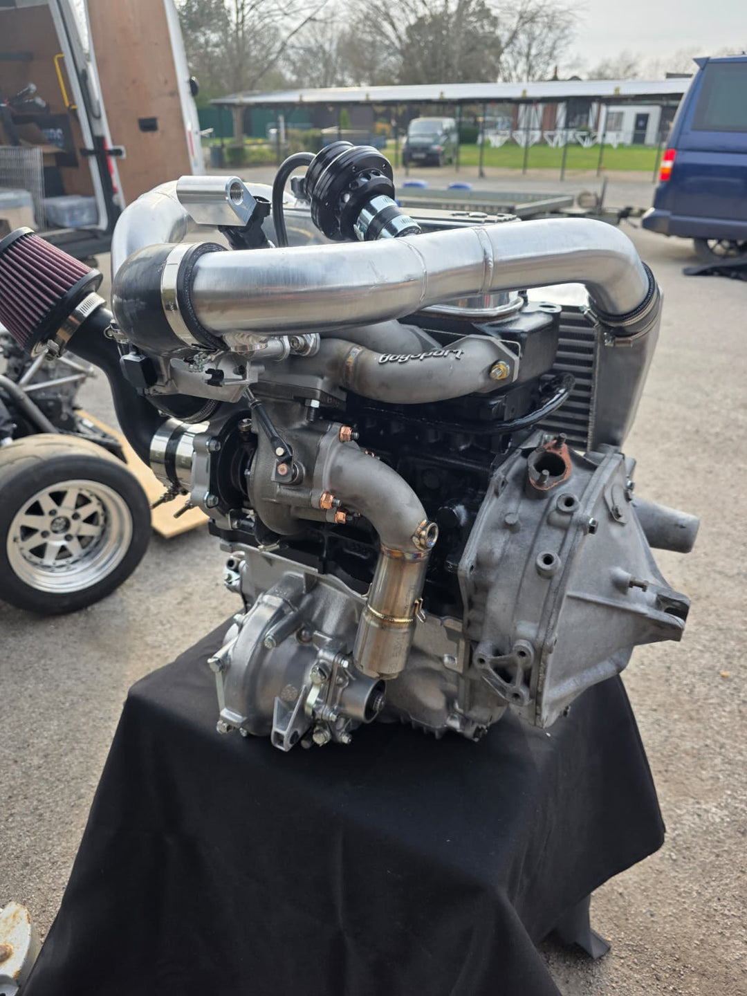 3D-printed alloy inlet manifold and charge pipe on the BagSport kit
